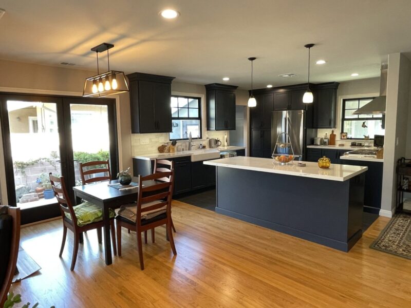 Modern kitchen remodeling in Long Beach CA with custom cabinets, quartz countertops, and updated lighting by a professional remodeling contractor.